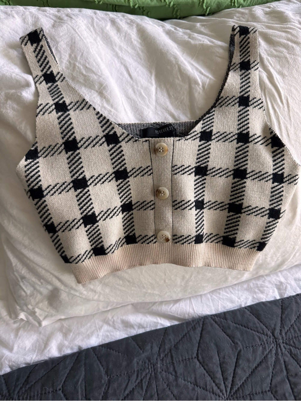 Forever 21 Cream & Black Plaid Knit Crop Tank with Button
